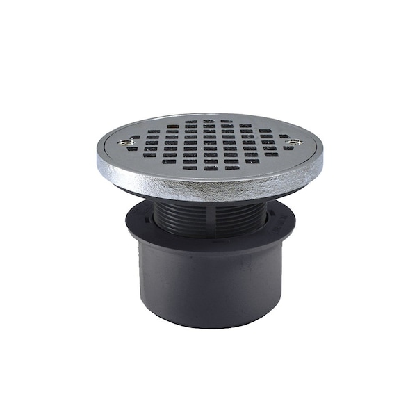 Jones Stephens 3in PVC Inside Pipe Fit Drain Base with 2in Plastic Spud and 4in Chrome Plated Strainer with Ring D53294 - main